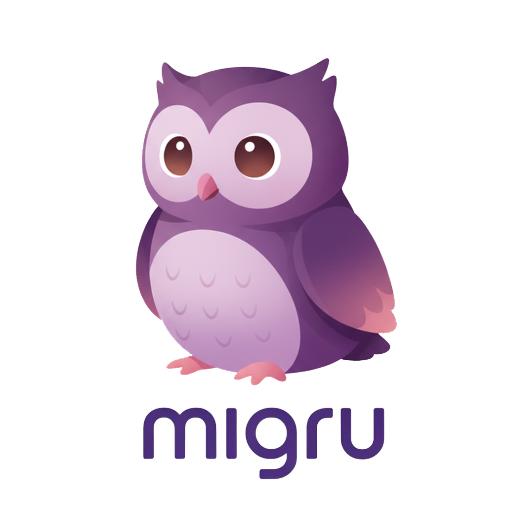 Migru — baby owl mascot with the wordmark 'migru'